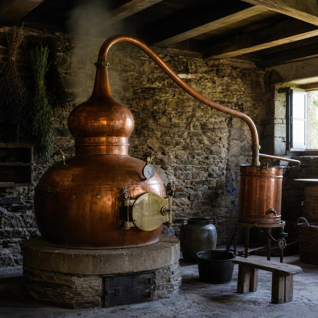 Traditional copper still distilling wild rosemary