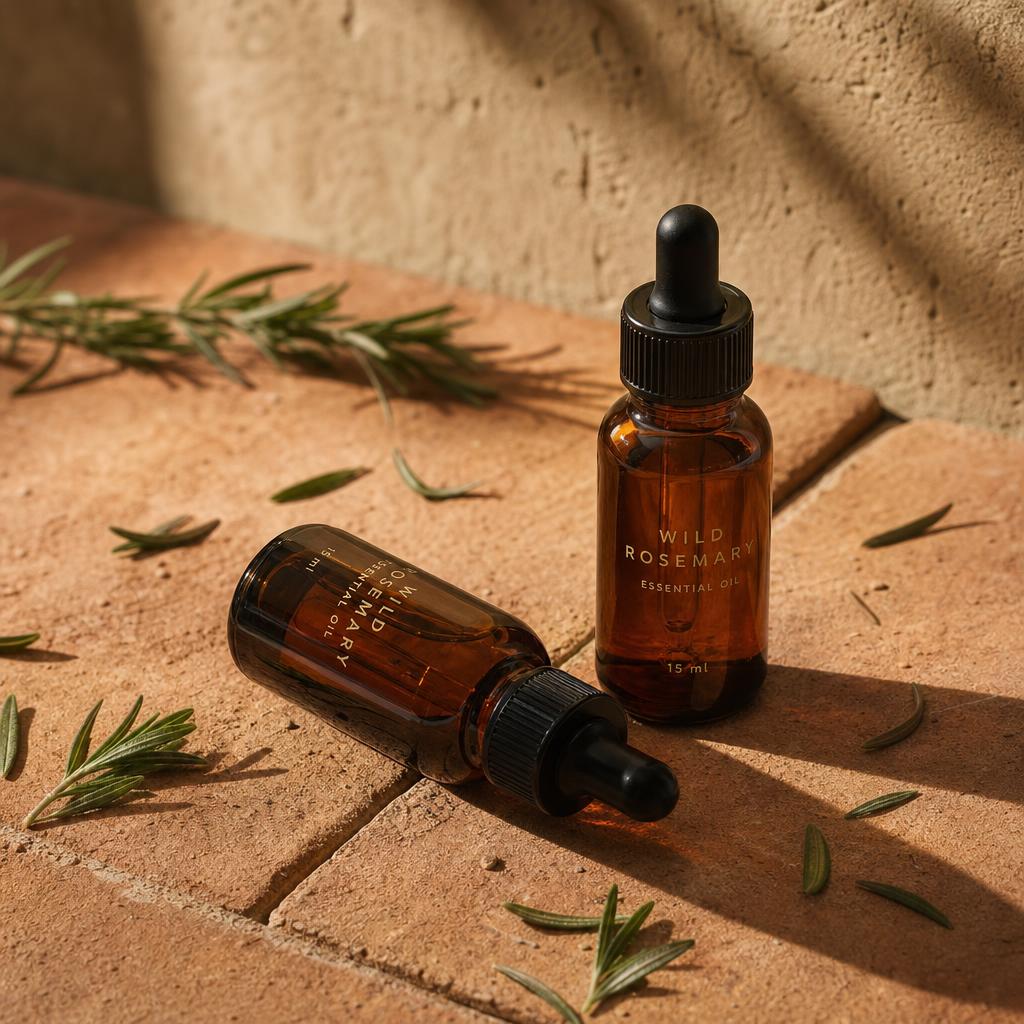 Amber bottles of wild rosemary essential oil on terracotta