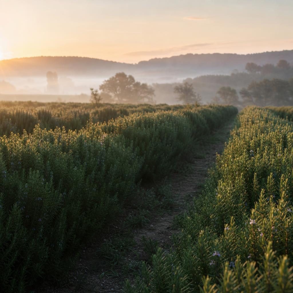 Rows of wild rosemary at dawn in the Tunisian mountains