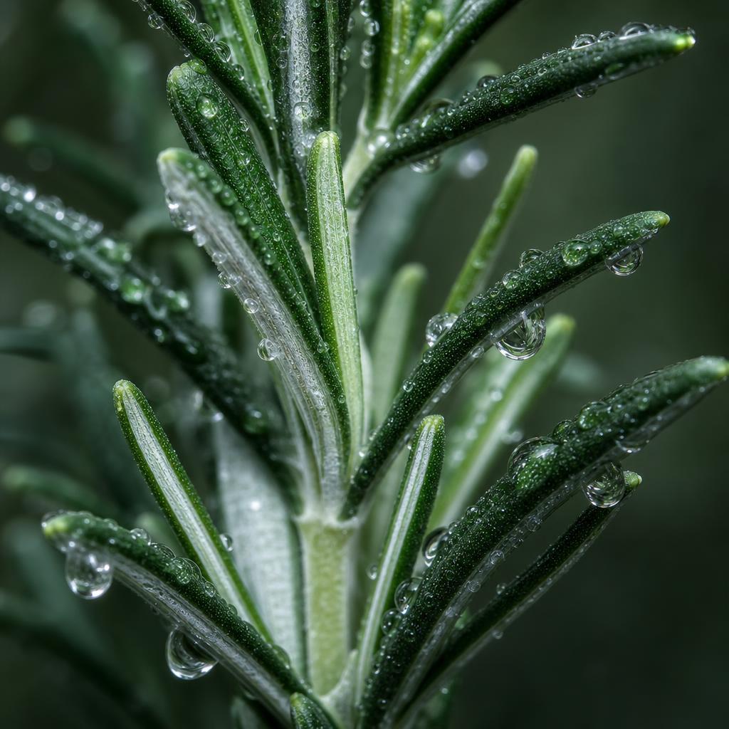 Macro detail of dew on wild rosemary needles